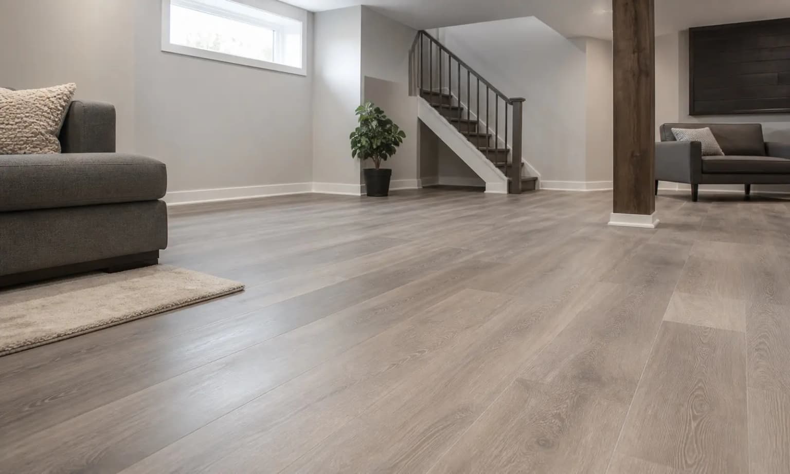 Illustrative photo of grey wood-look vinyl plank in a finished basement living area