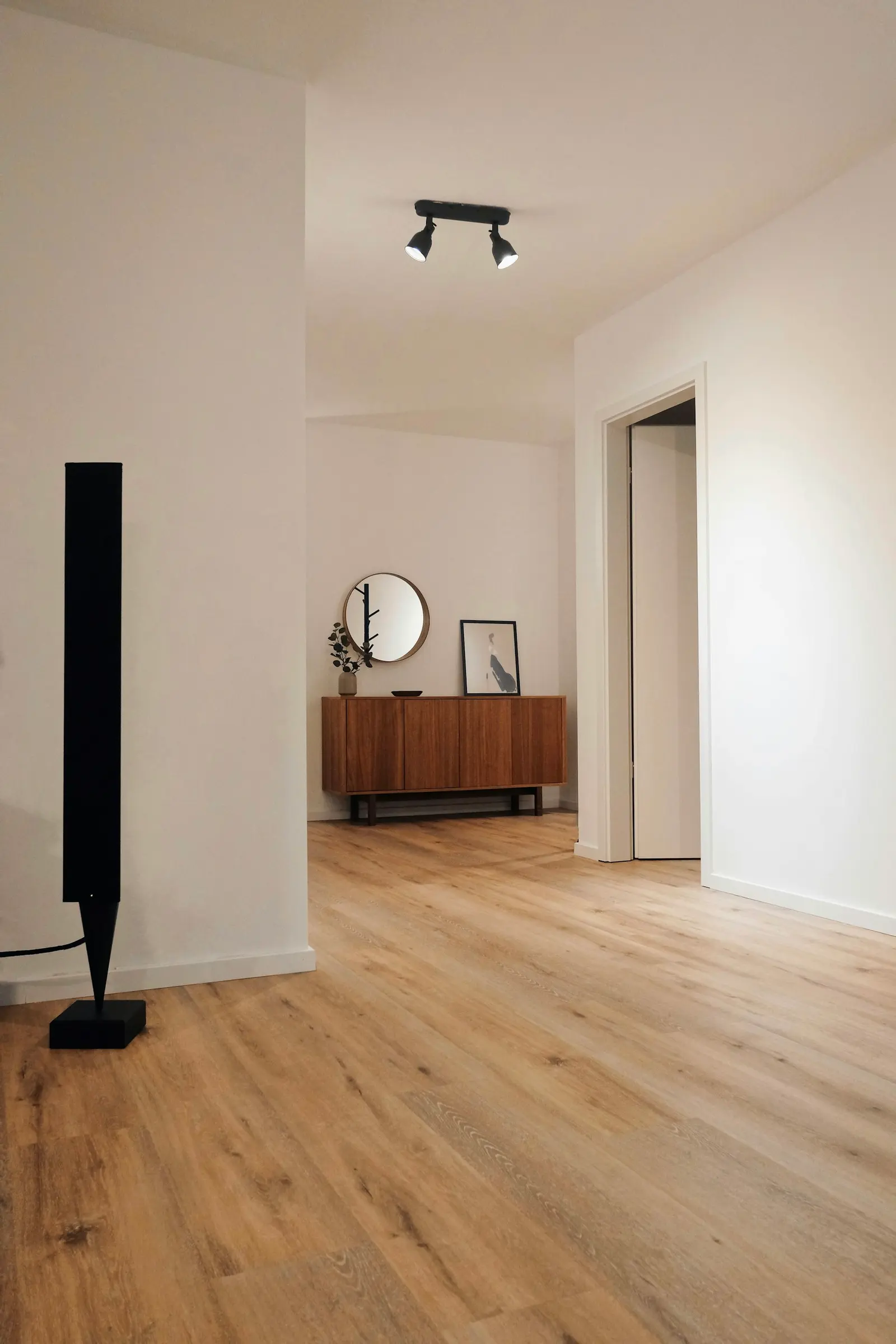 Wood-look plank flooring running through a finished lower level hallway