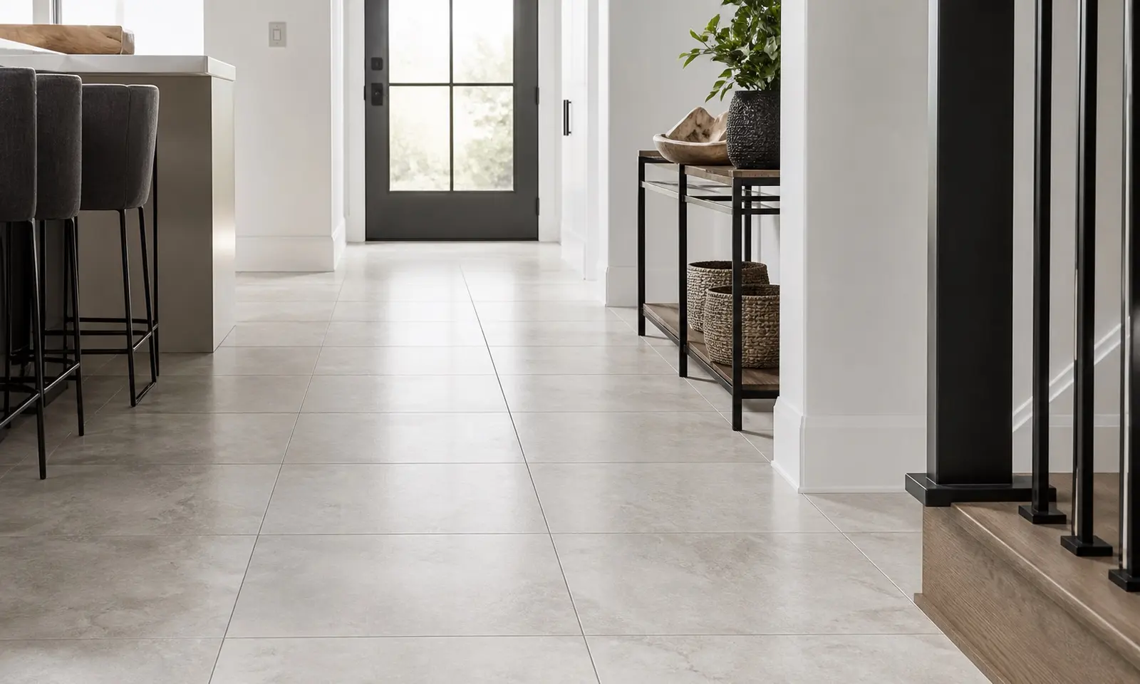 Illustrative photo of large format light porcelain tile through a kitchen and hallway